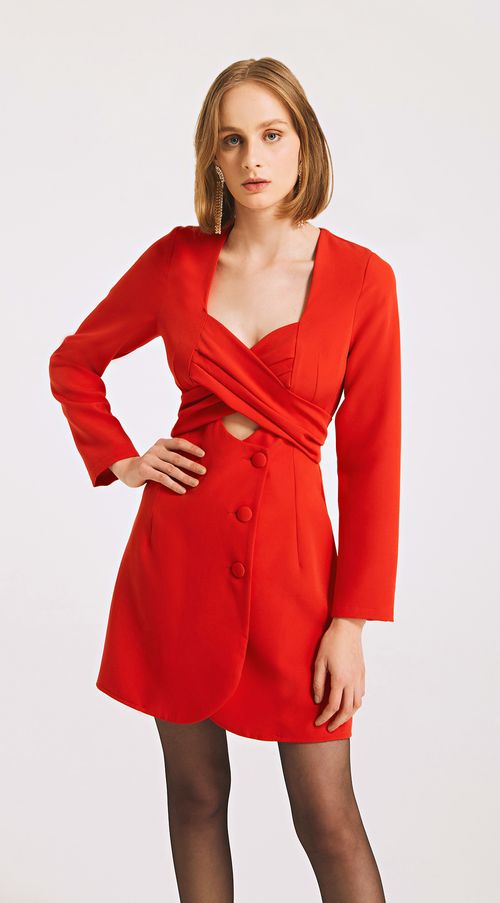 Vestido Lebôh Curto Decote Transpassado Com Amarração Vermelho