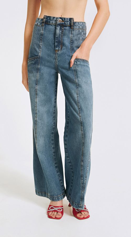 Calça Lebôh Pantalona Reta Cós Alto Detalhe Cós Jeans
